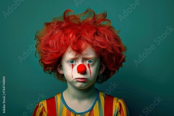 Obraz Portrait of sad boy in clown costume with red nose in red wig