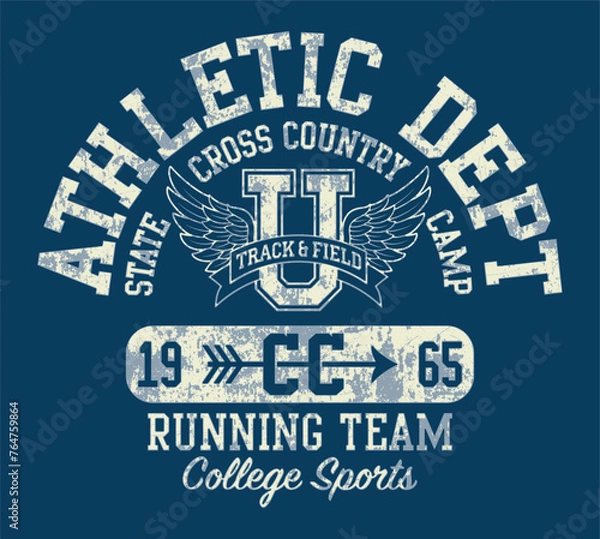 Obraz College track and field cross country running vintage athletic vector boy t shirt grunge effect in separate layer
