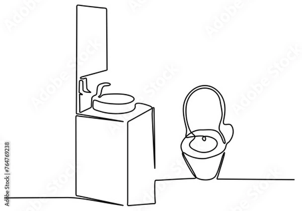 Fototapeta Continuous one line drawing of toilet bowl and toilet brush vector illustration. WC black line sketch isolated on white background.