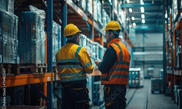 Fototapeta A group of industrial workers conversing in a warehouse environment