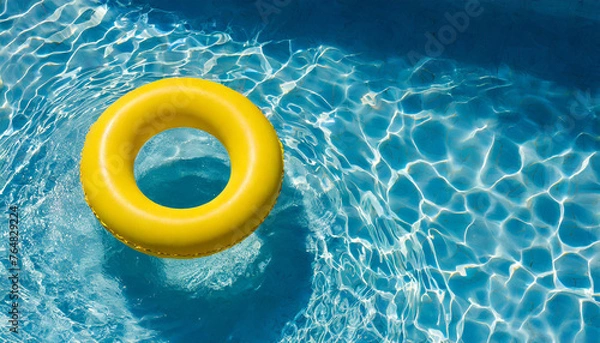 Obraz Yellow inflatable ring floating in blue swimming pool water, top view