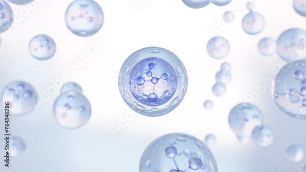 Fototapeta 3D rendering Cosmetics Blue Serum bubbles on defocus background. Collagen bubbles Design. Molecule inside a liquid bubble. Essence Ball Molecules. 