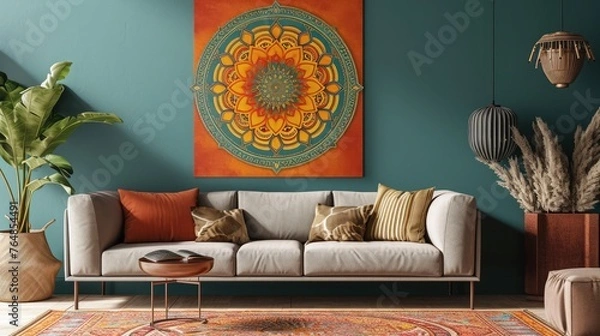 Obraz an appealing composition showcasing a vibrant mandala on a muted seafoam green wall, creating a serene ambiance with a stylish sofa.