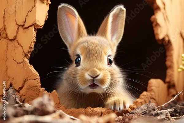 Fototapeta Realistic cute funny rabbit or bunny peeking out of a cut hole bright yellow background. Spring holiday and Easter background. Copy space, Generative AI.