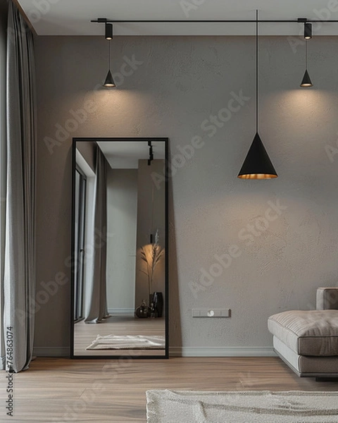 Fototapeta A large black mirror with a thin frame stands on the wall
