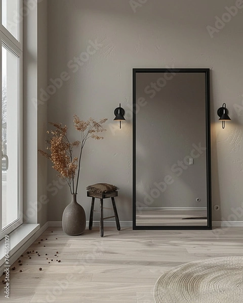 Fototapeta A large black mirror with a thin frame stands on the wall