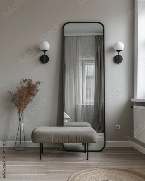 Fototapeta A large black mirror with a thin frame stands on the wall