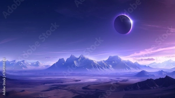Fototapeta A large purple planet is floating in the sky above a vast, empty landscape