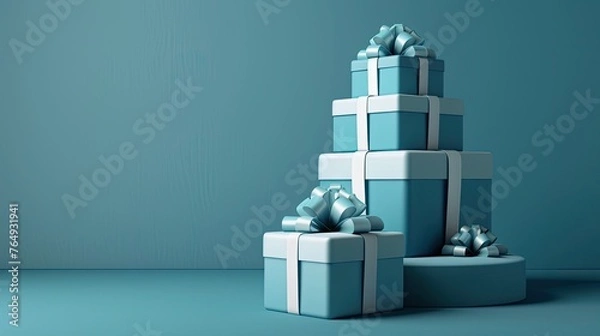 Obraz a stack of blue, white, or grey gift boxes against a crisp white background, from a horizontal angle with a head-up view, highlighting intricate details and ample empty space for text.