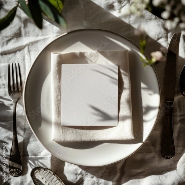 Fototapeta A carefully laid dining set cast with natural light and shadows, evoking a sense of preparation and hospitality