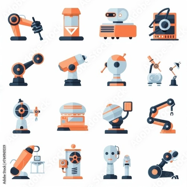 Fototapeta Icon set presenting various industrial robots designed for tasks such as assembly, welding, and material handling