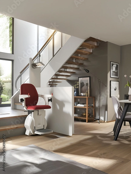 Fototapeta A sleek stairlift chair at the bottom of a wooden staircase in a well-lit, modern home