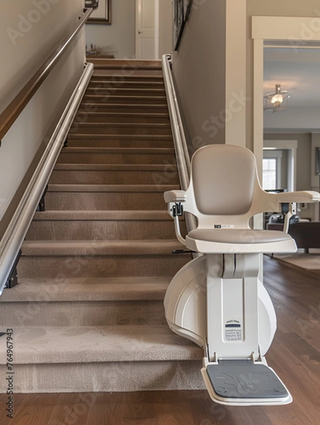 Fototapeta A stairlift chair curves elegantly at the staircase bottom, marrying traditional home styles with modern accessibility