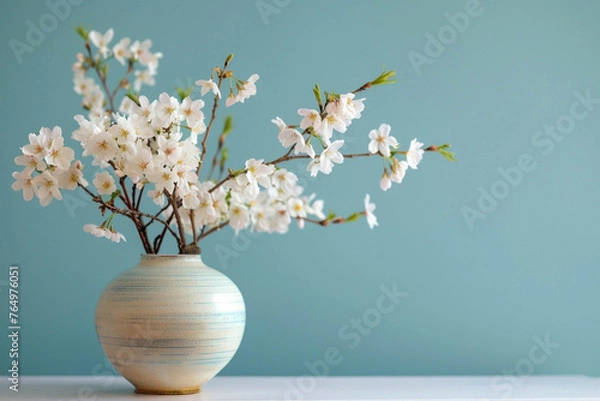 Fototapeta Snow-white cherry blossoms in a ceramic vase against a blue wall. With copy space on the right. Decorative element, style, design.