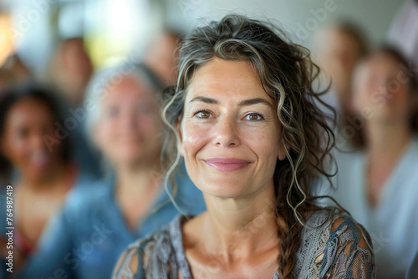Fototapeta Woman at a support group meeting, diverse community, sharing experiences, problem-solving.