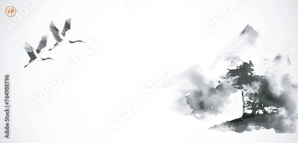 Obraz Ink wash painting of cranes flying over mountain. Traditional Japanese ink wash painting sumi-e. Hieroglyph - spirit