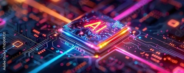 Obraz Neon glowing AI text on chip, with a colorful circuit board background and holographic light effects with vibrant colors