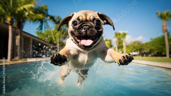 Fototapeta A cute little pug happily jumps into the pool. A playful pug puppy is having fun in the pool - jumping and diving. Training and active games with pets and popular dog breeds during the summer holidays