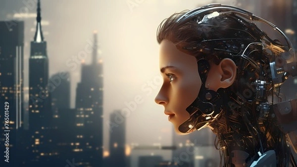 Obraz Urban background future sci-fi AI robot scene
