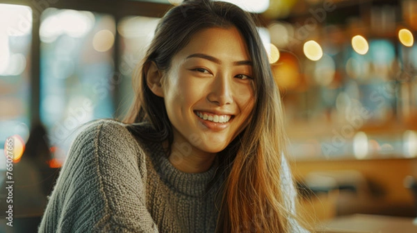 Obraz Joyful young woman with a bright smile, radiating positivity in a cozy cafe setting.