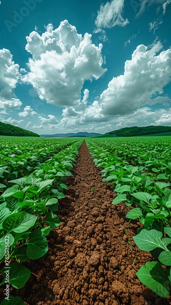 Fototapeta Under the blue sky and white clouds, there are endless soybean fields. AI generative
