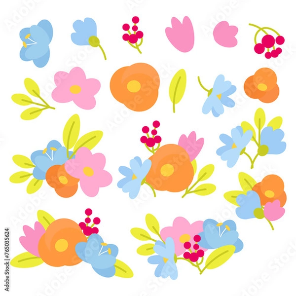 Fototapeta Set of spring flowers and leaves collected in a composition