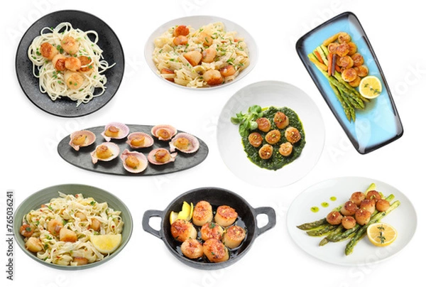 Fototapeta Set of different dishes with scallops isolated on white