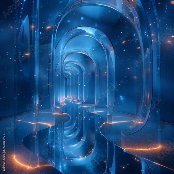 Fototapeta Technological Background: Lights, Beams, Code, Line Charts, and More