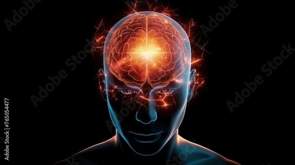 Fototapeta 3d x-ray of human head that shows brain on fire