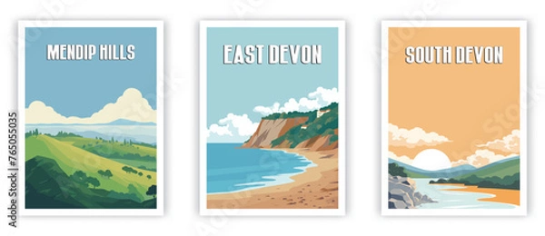 Fototapeta Mendip Hills, South Devon, East Devon Illustration Art. Travel Poster Wall Art. Minimalist Vector art