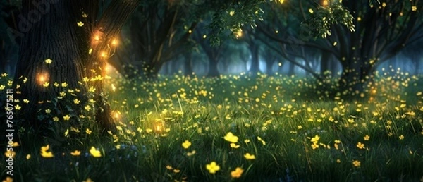 Fototapeta  A lush green forest brimming with trees & grass, adjacent to a vast expanse of yellow-flowered foliage