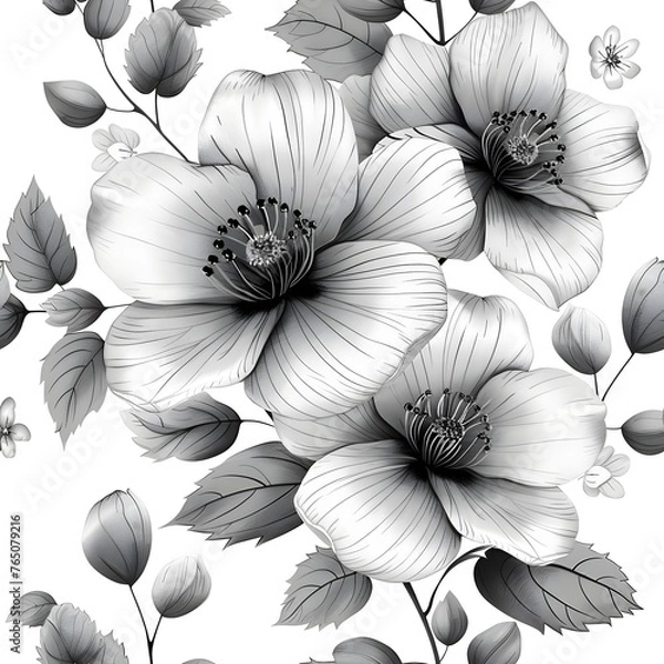Fototapeta Intricate Charcoal Sketch of Blooming Floral Arrangement with Delicate Petals and Leaves