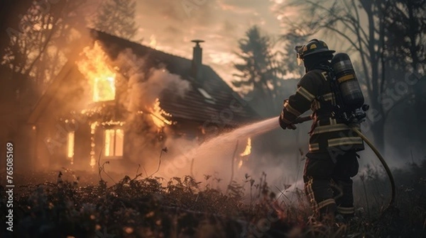 Fototapeta Firefighter at the forefront, saving house with water and extinguisher