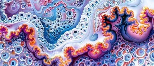 Fototapeta  A vibrant abstract artwork featuring blue, purple, pink bubble patterns against a white backdrop with accents of red, orange, and blue