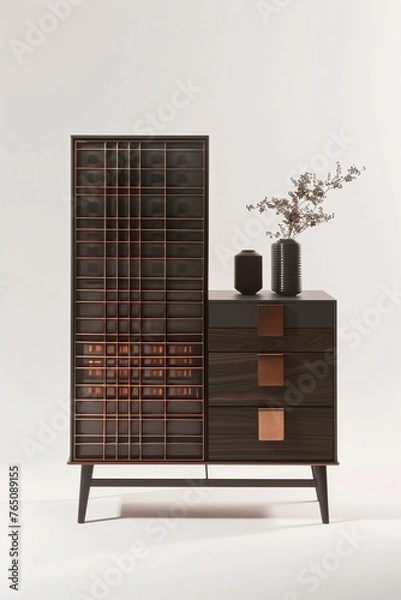 Fototapeta Modern cabinet design with intricate grid pattern on the front, dark wood and copper accents, creating a sleek and stylish atmosphere. metal mesh elements, functional storage space in drawers.