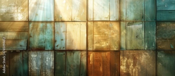 Fototapeta A close-up view of a wooden wall displaying a vibrant mix of different colors, creating an eye-catching and unique aesthetic