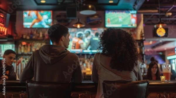 Fototapeta People at sports bar, watching game, enjoying drinks, lively ambiance. Friends gather at a bar, engrossed in an exciting sports game.