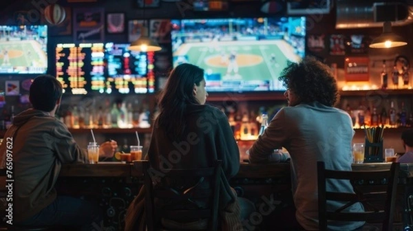 Fototapeta People at sports bar, watching game, enjoying drinks, lively ambiance. Friends gather at a bar, engrossed in an exciting sports game.
