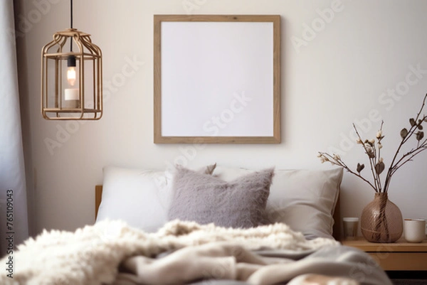 Obraz White and beige bedroom interior design with framed mock up with copy space on the wall, cozy bedding, fluffy pillows and blanket, stylish hanging light and a vase with dried branches. Neutral colors