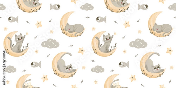 Fototapeta seamless pattern of cats on the moon with fish, pattern designs the night sky with cats and stars, patterns for fabric, packaging, stationery, clothes with cats, stars, branches, white background