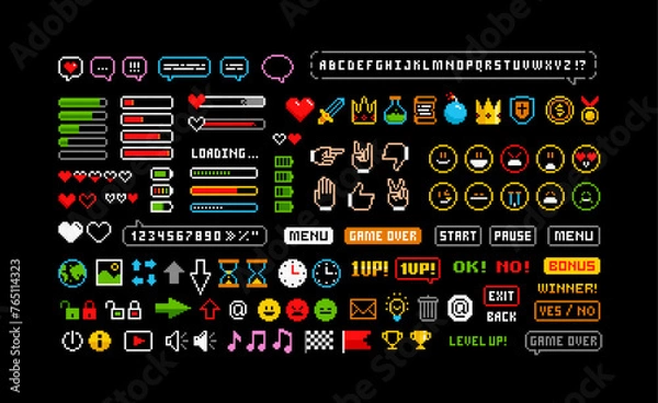 Fototapeta Retro Game pixel graphics icons Set 5. Perfect colorful pixel icons of game props, download bar, health scale, gestures, cursors, etc. Office items pixel icons. Retro Game loot and awards pixel art