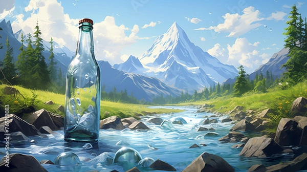 Fototapeta A crystal-clear stream flows down the snow-capped mountain, filling a glass bottle with pure, refreshing water. The blurred landscape of majestic peaks surrounds this serene scene.