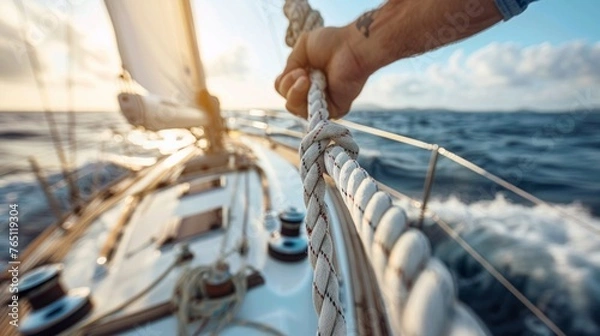 Fototapeta Closeup up of Yachtsman hands dealing with yacht ropes.