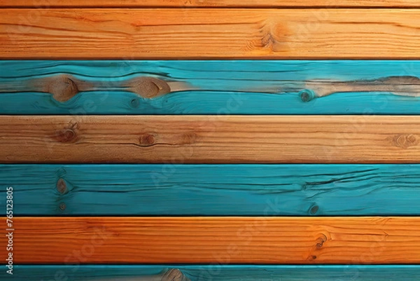 Fototapeta Orange and turquoise and brown painted dirty look wood wall wooden plank board texture background with grains and structures