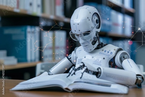 Fototapeta robot reading book and solving math data analytics, concept of future mathematics artificial intelligence