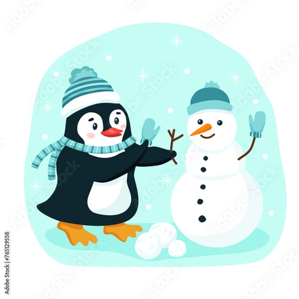 Fototapeta Funny flat penguin in blue hat makes snowman on winter snowy background. Vector hand drawn illustration with winter concept characters. Cartoon image of cute smiling animal for banner or template
