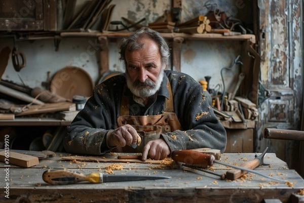 Fototapeta a worker, a carpenter in the workshop at work, a lot of tools