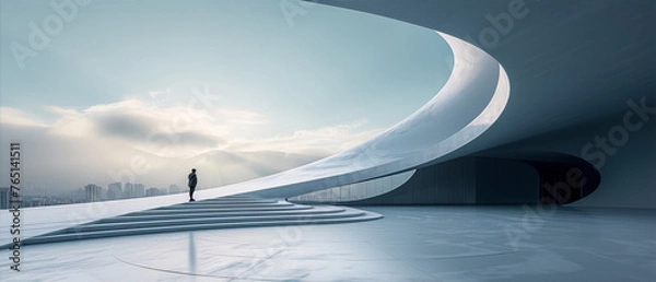 Obraz Futuristic cityscape with a person standing on a rooftop, looking out at the view.