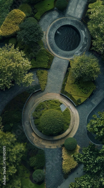 Obraz Aerial photography of a circular park with a water feature, surrounded by trees and bushes.