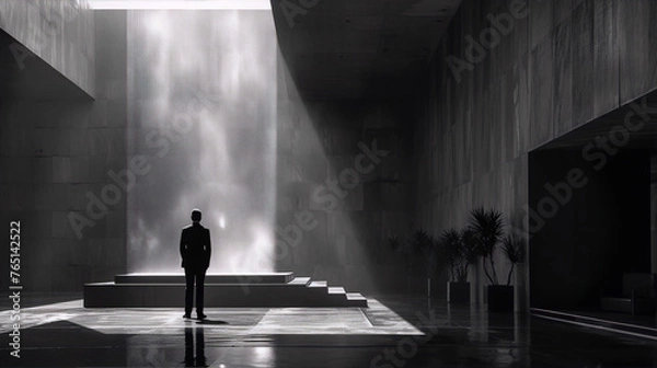 Obraz Black and white photo of a man standing in a modern atrium lobby with a water feature.